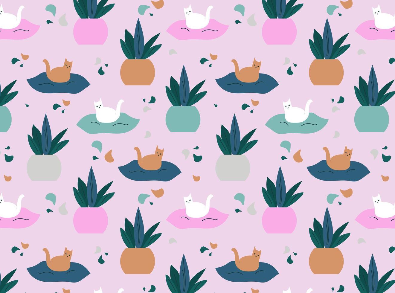 Seamless pattern with cats and house plants. the concept of hobby and home comfort. home textiles vector