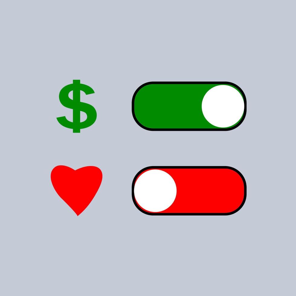 dinero icono verde botón. corazón icono rojo botón. dólar. vector