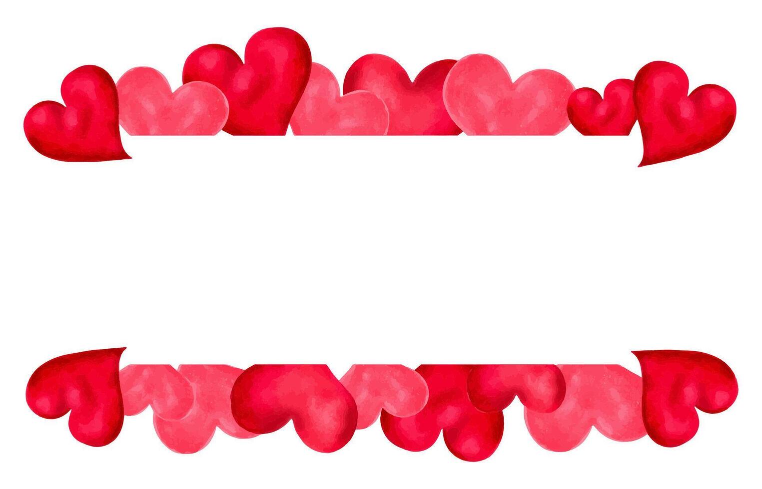 Horizontal frame for Valentine's Day, Mother's Day on March 8. Illustration with watercolor and marker. Rectangular template of pink and red hearts with place for text. vector