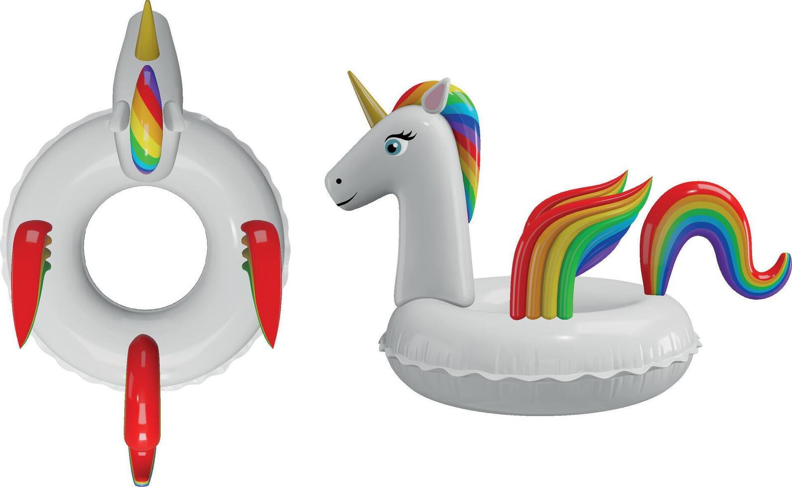 unicorn swimming ring 3d illustration. infaltable unicorn realistic illustration top and side view vector