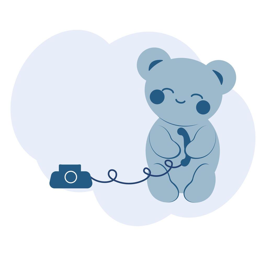 Cute cheerful blue bear in kawaii style with a telephone receiver on a light background. Minimalistic universal card. vector