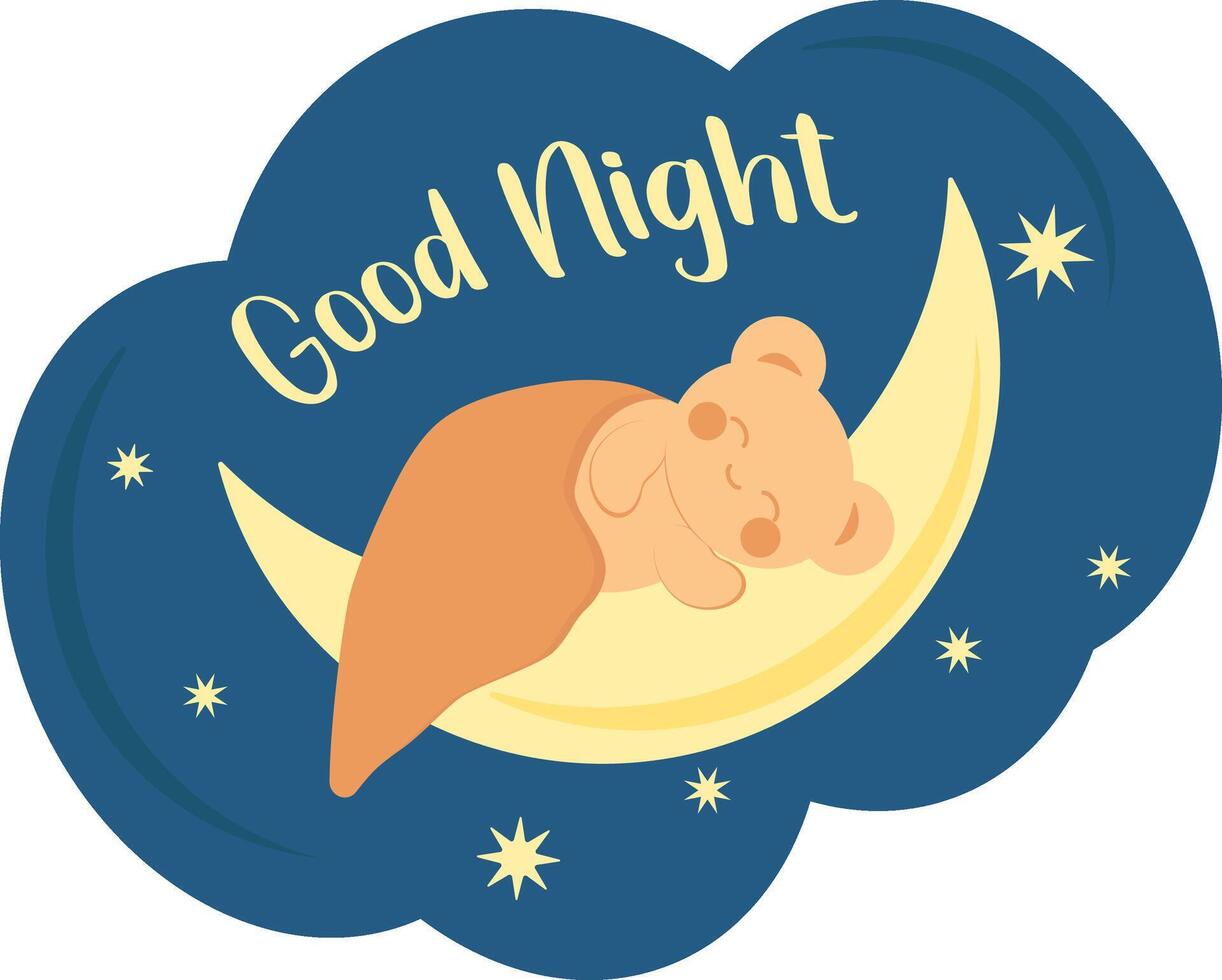 linda pequeño oso en kawaii estilo duerme debajo un cobija en el Luna. minimalista tarjeta con el inscripción bueno noche. vector