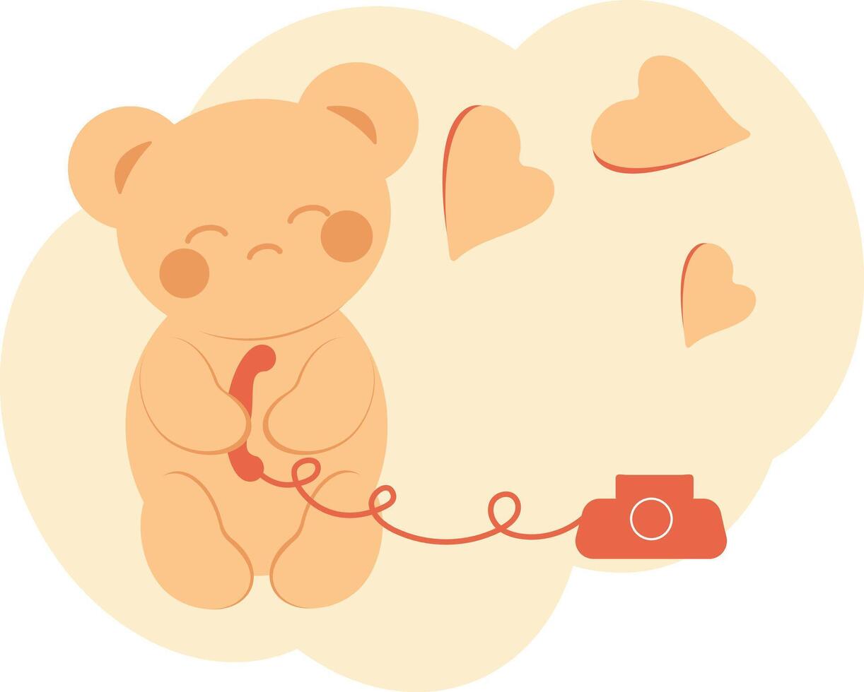 Cute sad teddy bear in kawaii style with hearts and a telephone receiver. Minimalistic universal card vector