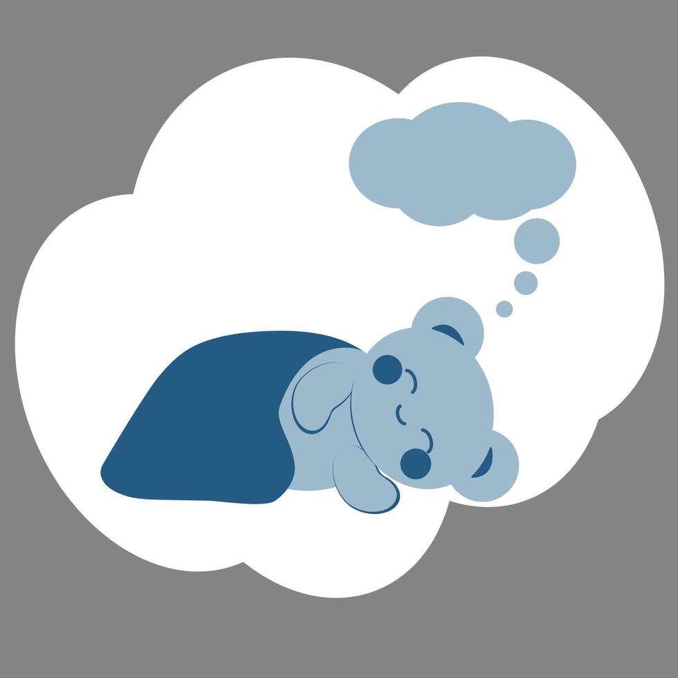 Cute blue teddy bear in kawaii style sleeps under a blanket. Cloud with copy space. Minimalistic card with a gray background. vector