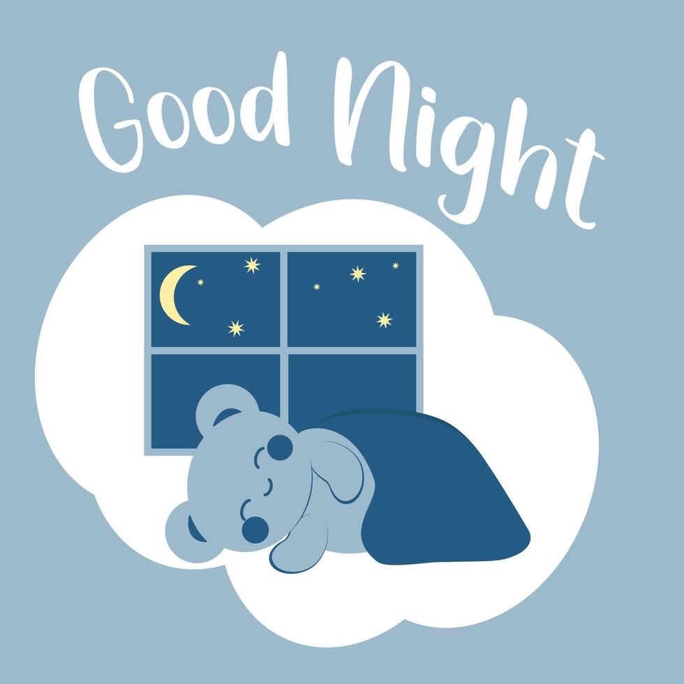 Cute little bear in kawaii style sleeps under a blanket against the background of a window with the night sky. Minimalistic card with the inscription good night. vector