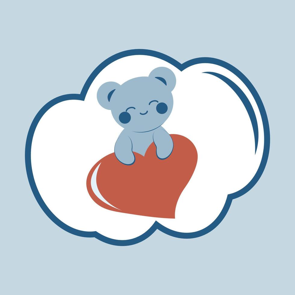 Cute blue bear in kawaii style holding a heart. Minimalistic postcard. Sticker. Concept of love, family, Mother's Day. vector