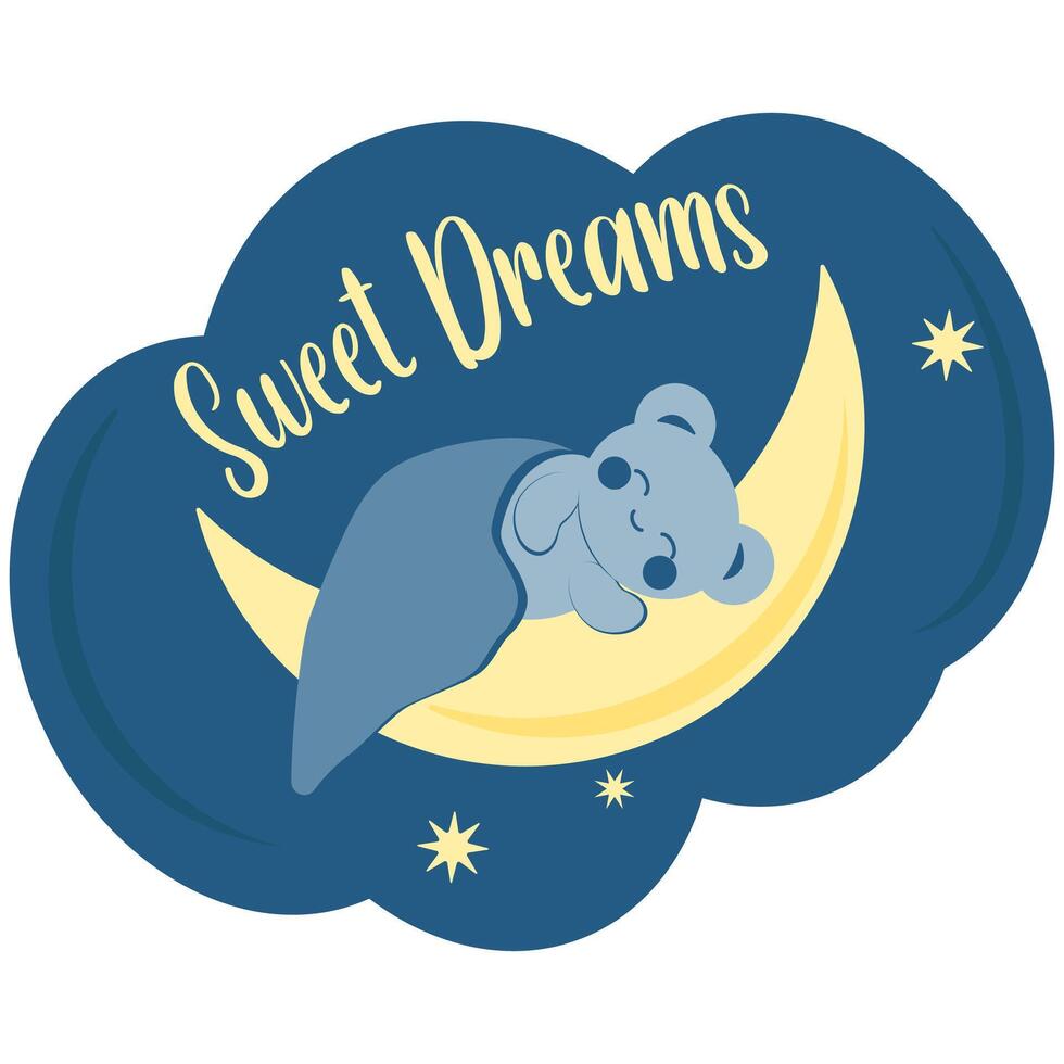 Cute blue bear in kawaii style sleeps under a blanket on the moon. Minimalist card, sticker with sweet dreams inscription. vector