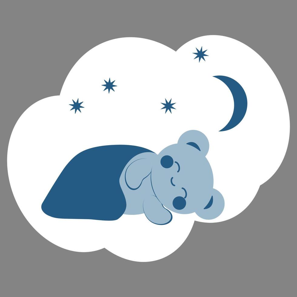 Cute blue bear in kawaii style sleeps under a blanket on a background with the moon and stars. Minimalistic card with gray background. vector