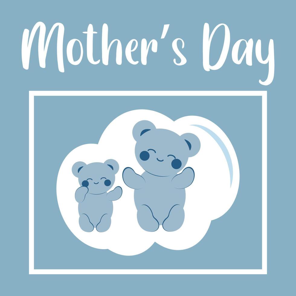 Cute cheerful blue bear in kawaii style with his mother. Minimalistic card with an inscription. Sticker. Concept of love, family, Mother's Day. vector