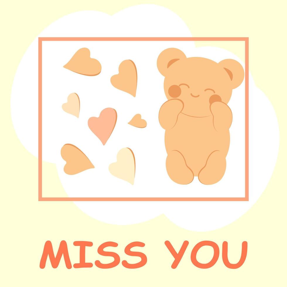 Cute cheerful teddy bear in kawaii style with hearts and the inscription I miss you. Minimalistic universal card. vector