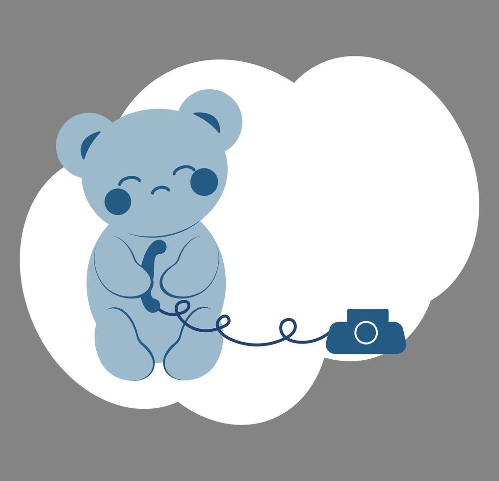 Cute sad blue bear in kawaii style with a telephone receiver. Minimalistic universal card. vector