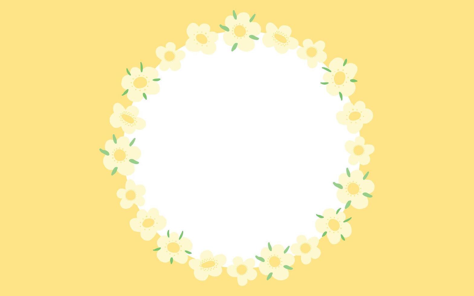 Circular floral frame with white flowers on a sunny yellow background, ideal for spring-themed designs, invitations, and greeting cards. vector