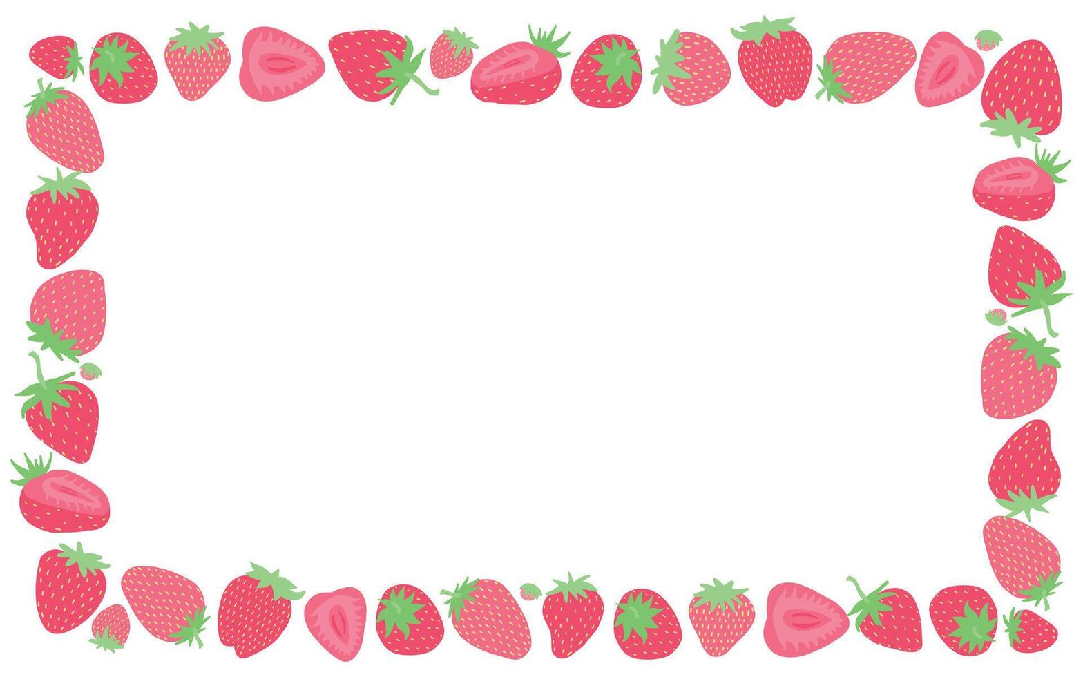 Border of illustrated strawberries with whole and halved berries, creating a vibrant frame on a white background, ideal for menus or invitations. vector