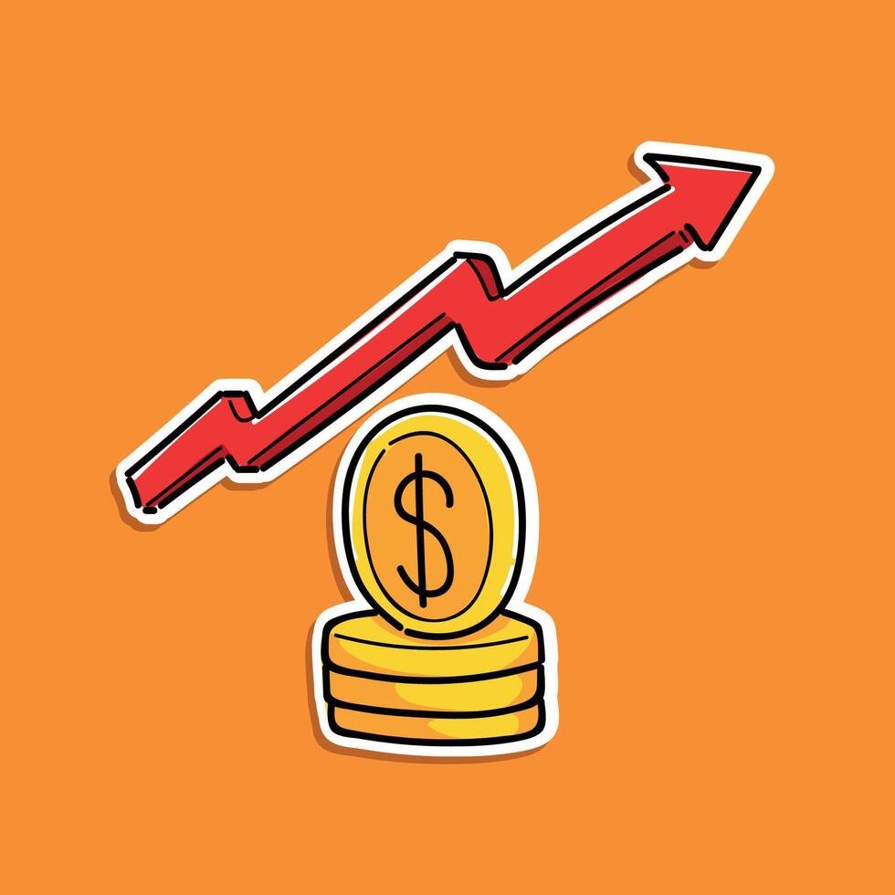 dólar incrementar stonks moneda pilas, rojo flecha arriba, amarillo moneda dólar ilustración diseño aislado en un naranja fondo, pegatina estilo vector