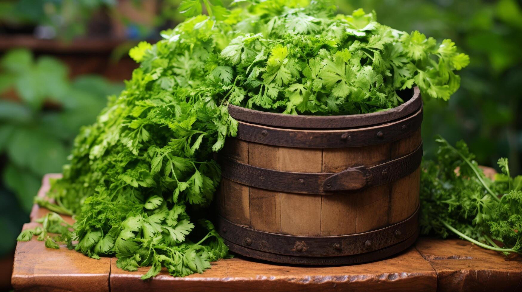 Wooden cask filled with fragrant oregano photo