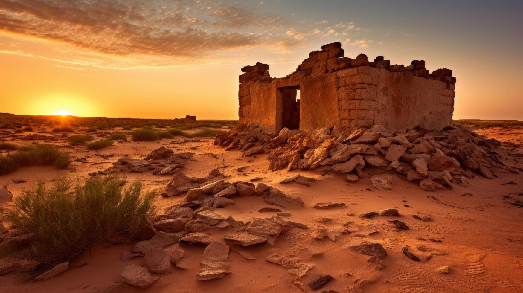 Citadel in desert terrain during sunset photo