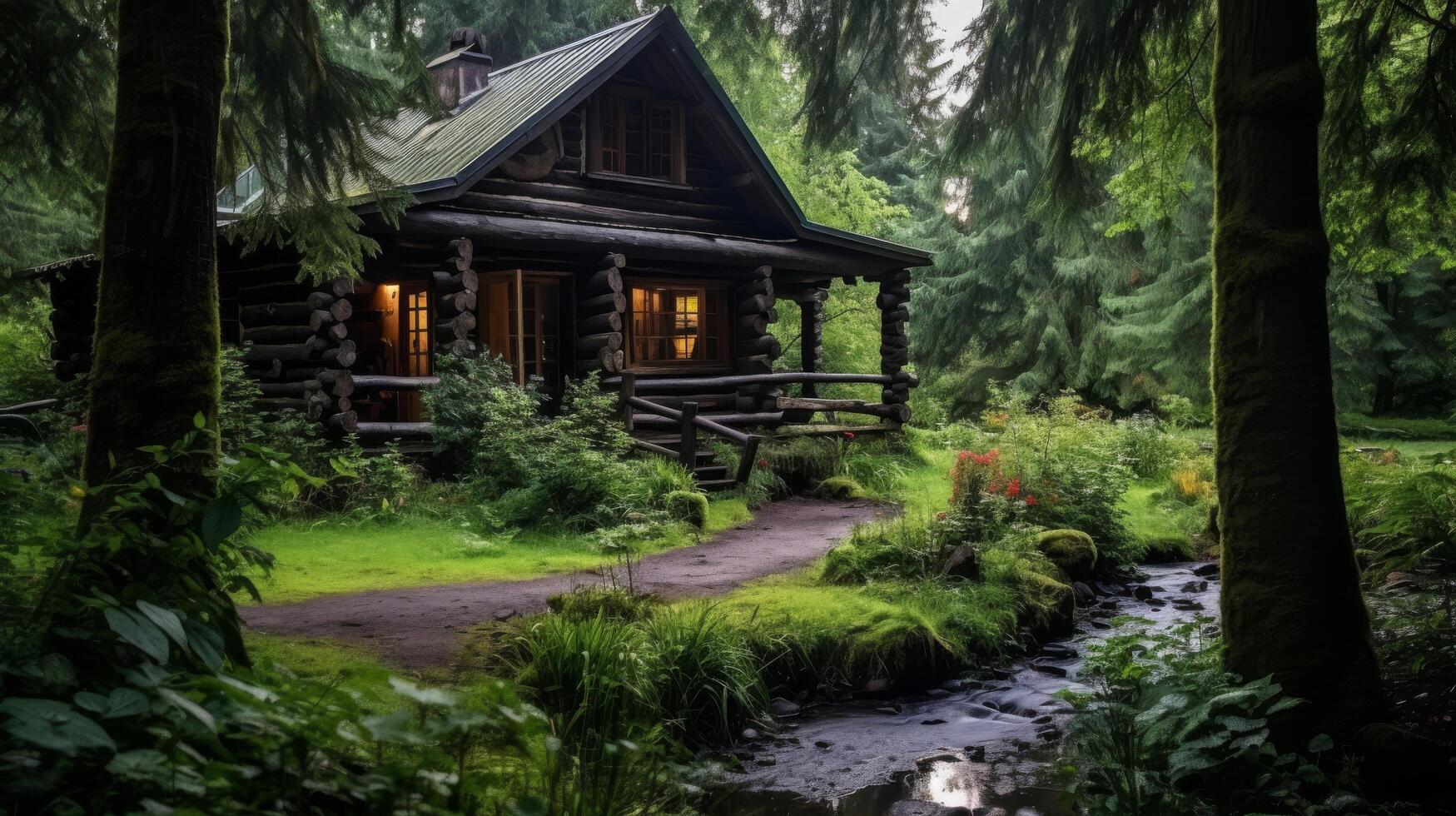 Log lodge deep woods photo