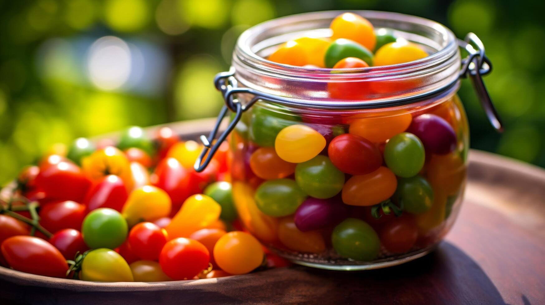 Colorful cherry tomatoes packed in glass jar photo