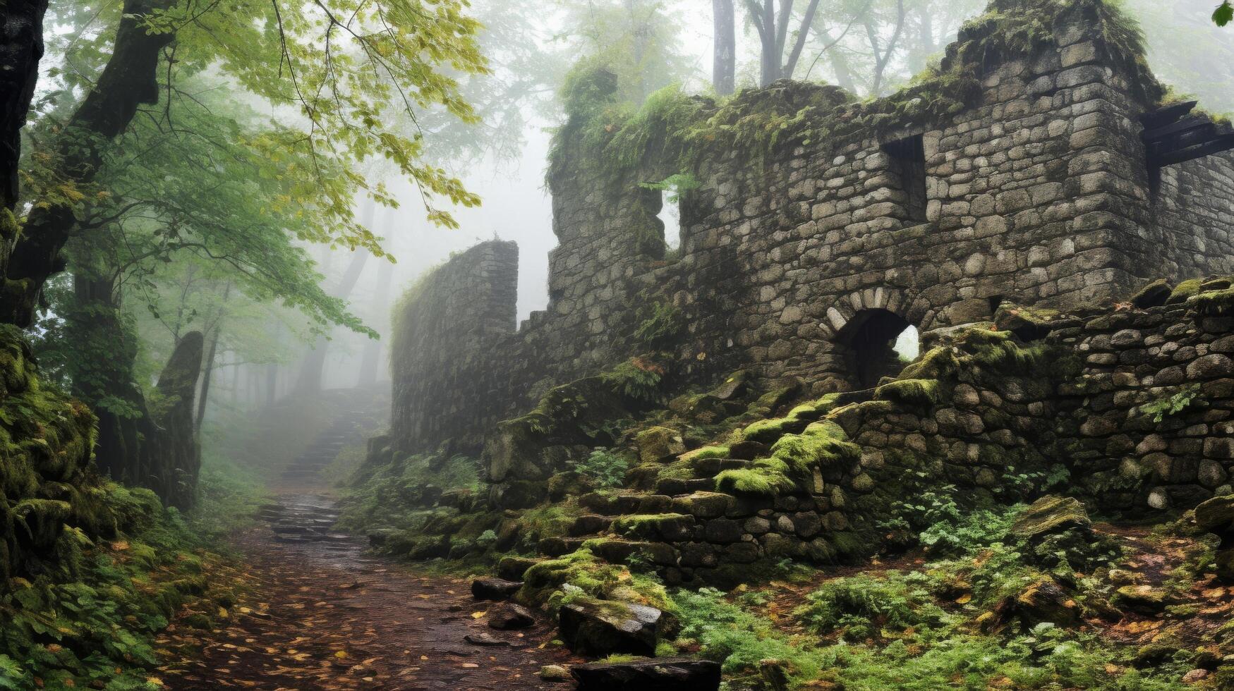 Fort from antiquity shrouded in misty woods photo