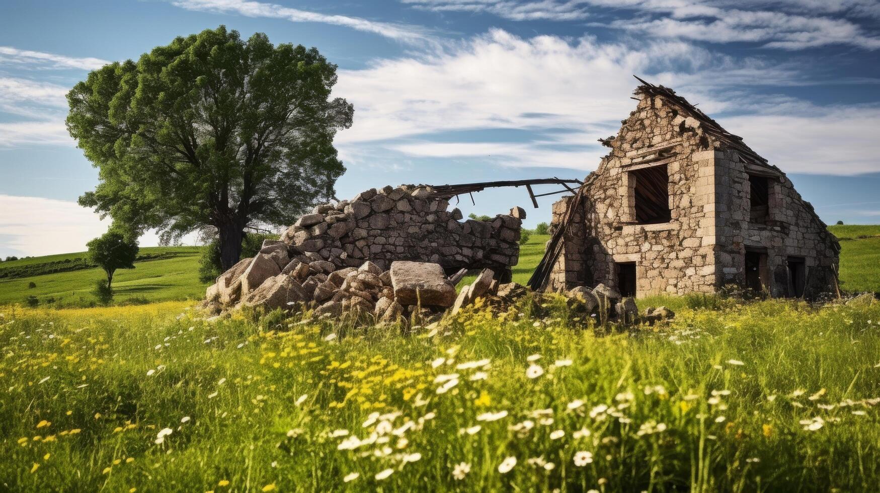 Deserted countryside dwelling in field photo