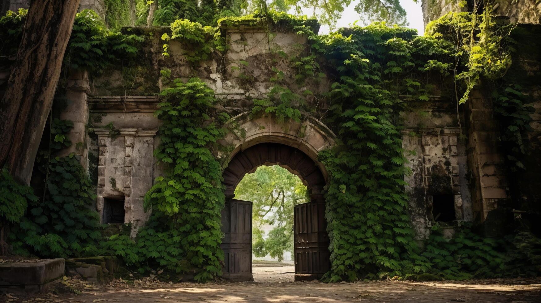 Fort entrance framed by lush ivy vines photo