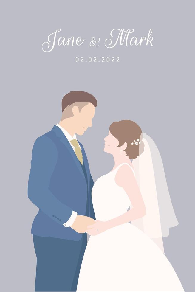 Bride in white dress and groom in blue suit holding each other happily for wedding ceremony invitation card flat characters on gray background. vector