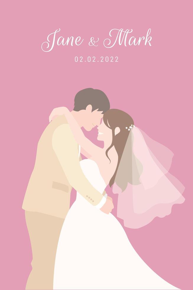 Bride in white dress and groom in beige suit holding each other happily for wedding ceremony invitation card flat characters on pink background. vector