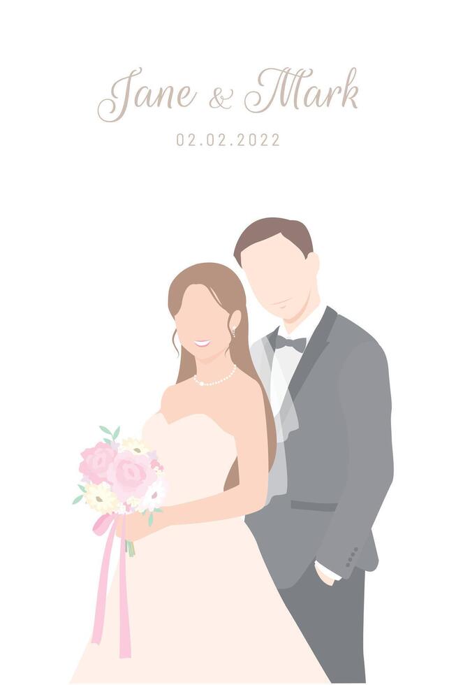 Bride in white dress and groom in gray suit holding each other happily for wedding ceremony invitation card flat characters on white background. vector