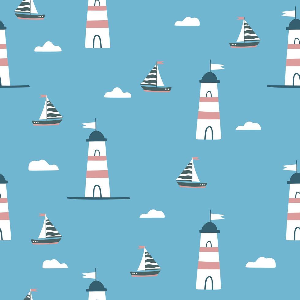 Marine seamless pattern with cartoon boat, lighthouse and cloudy vector