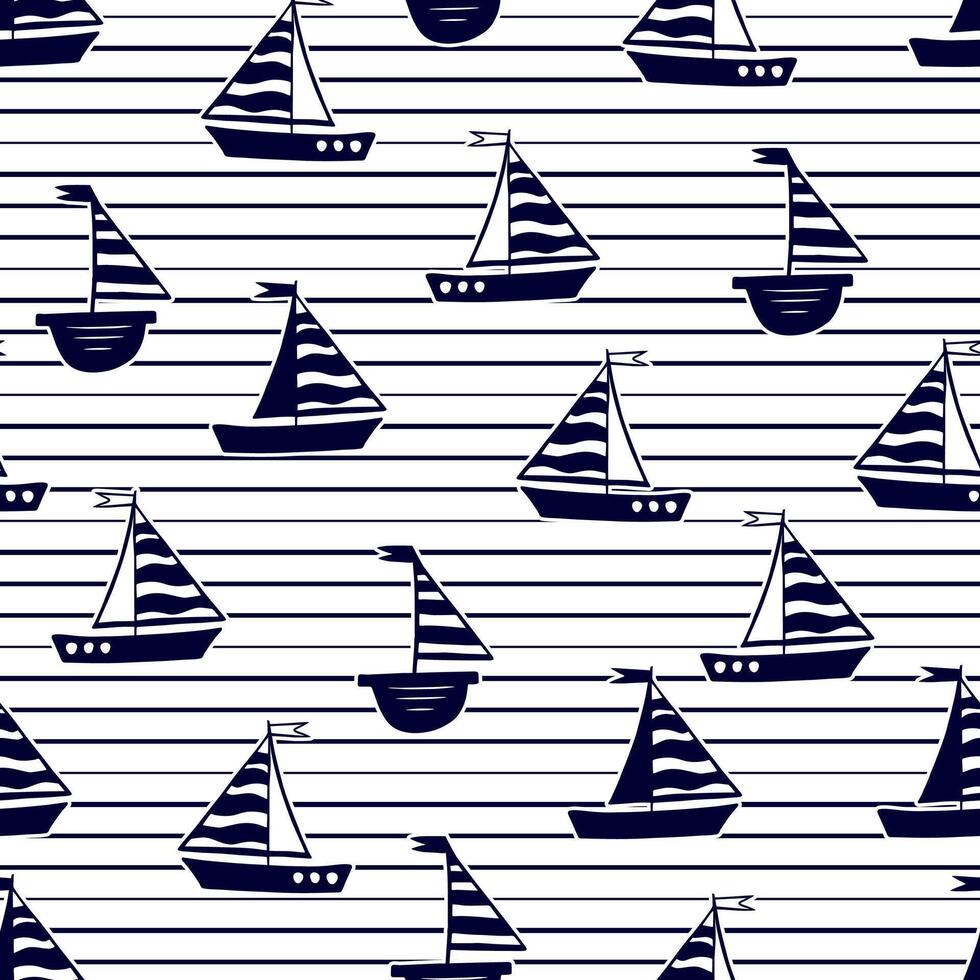 Marine seamless pattern with cartoon boats on strip background. vector