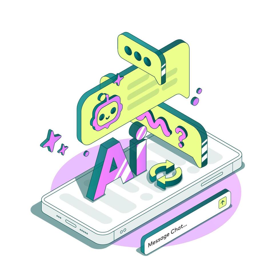 Isometric Chat with Ai. Chatting Artificial Intelligence. Huge Message Bubbles fly up over the phone. Robot Conversation Assistant Concept vector