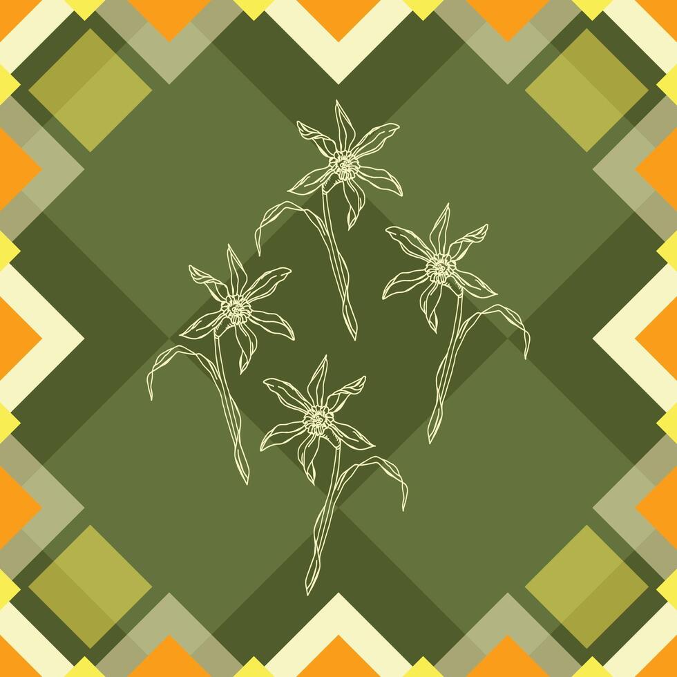 seamless classic colorful geometric diamond shapes harlequin pattern with hand drawn blooming narcissus on dark green background. vector