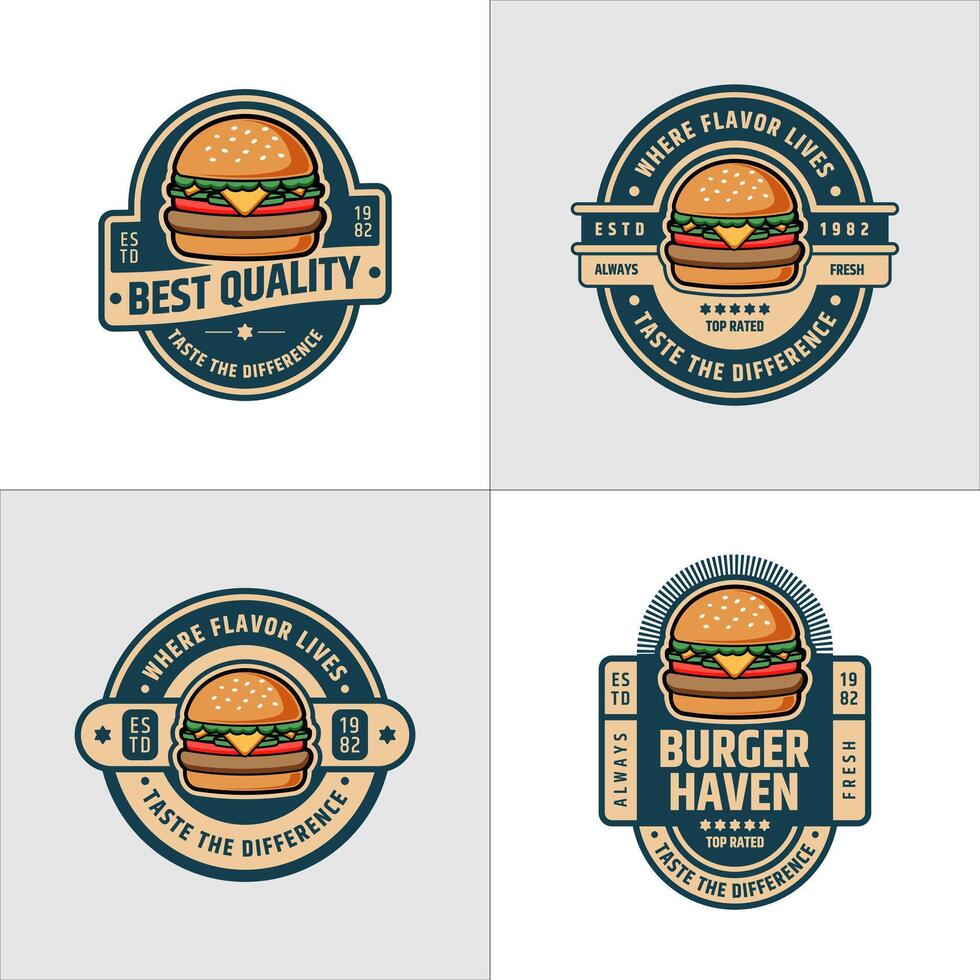 Insignia logo o hamburguesa rápido comida emblema diseño vector