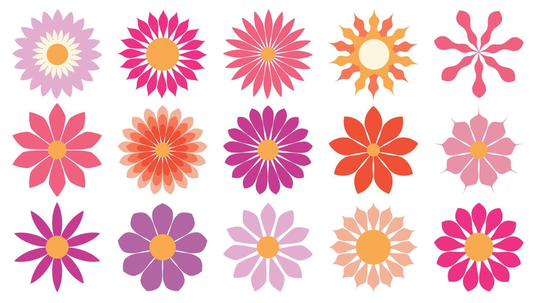 Set of bright, colorful flat style flower heads, florals aesthetic. Design elements collection for logos, web pages, prints, posters, templates. vector