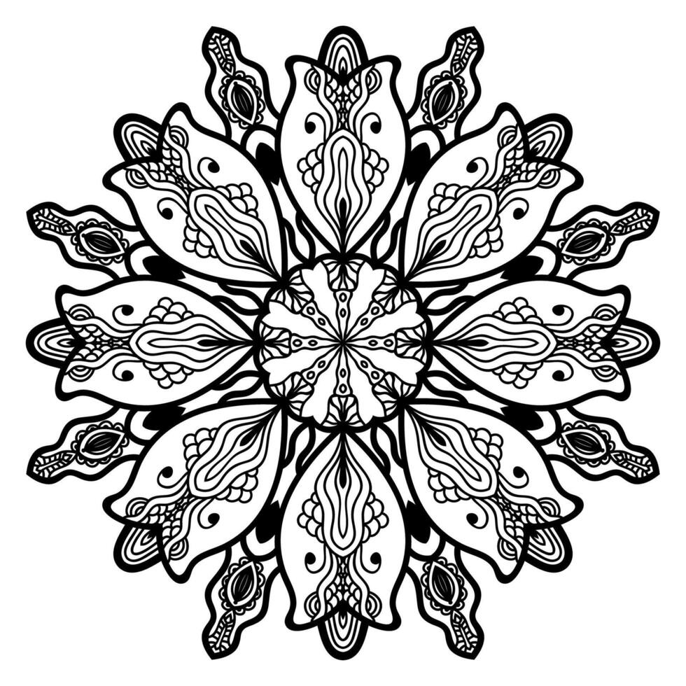 Black outline flower mandala. Doodle round decorative element for coloring book isolated on white background. Floral geometric circle. vector