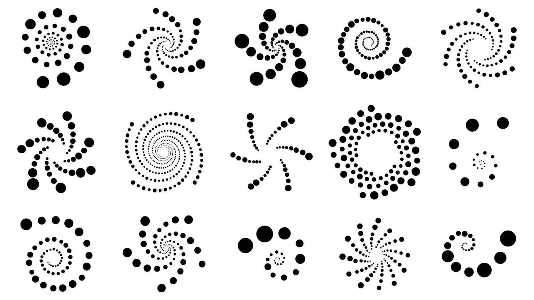 Set of black halftone swirls, twists, swirls with dots of different sizes. Abstract geometric shape motion. Stars, galaxy, universe, cosmic aesthetic. Design elements collection vector