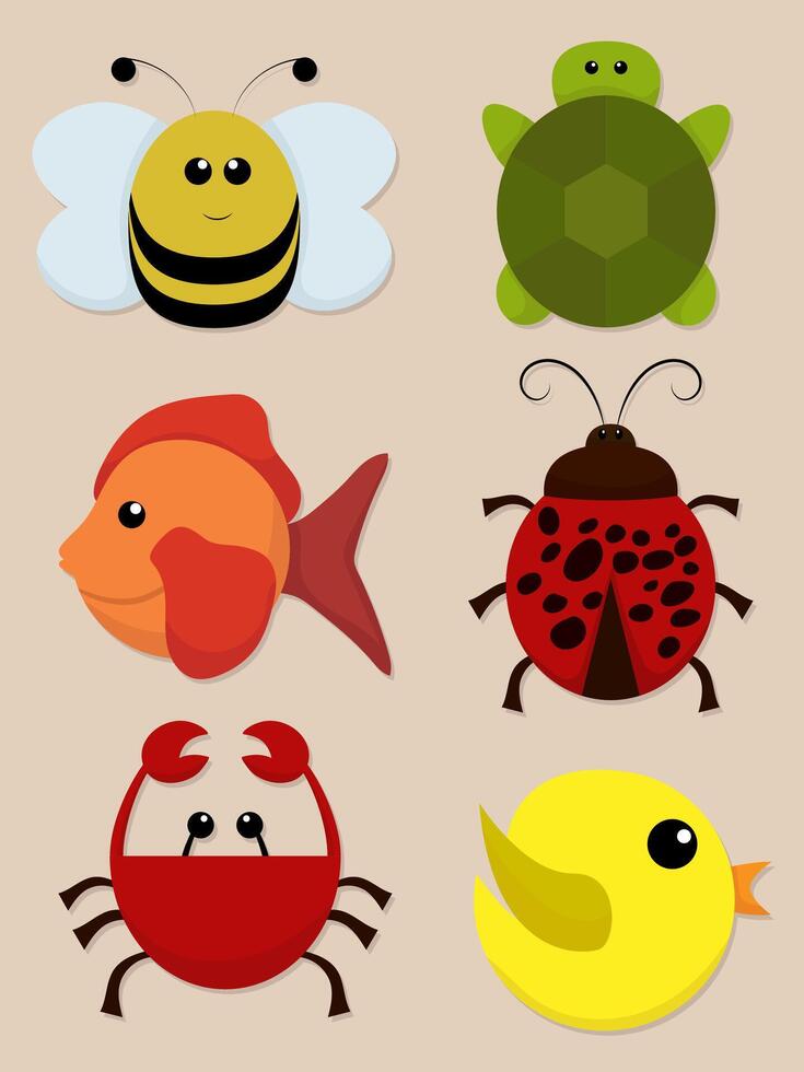 Round Animals Set Cute cartoon illustration flat color vector