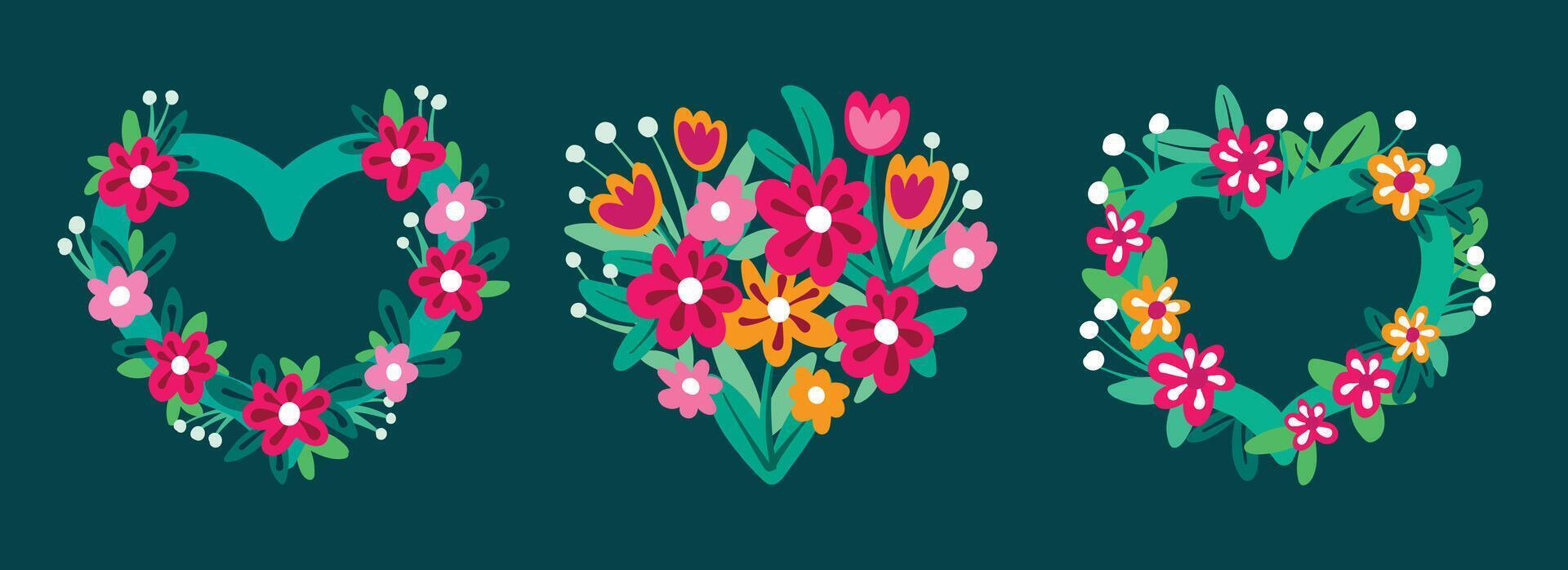 A collection of heart-shaped frames decorated with flowers and leaves vector