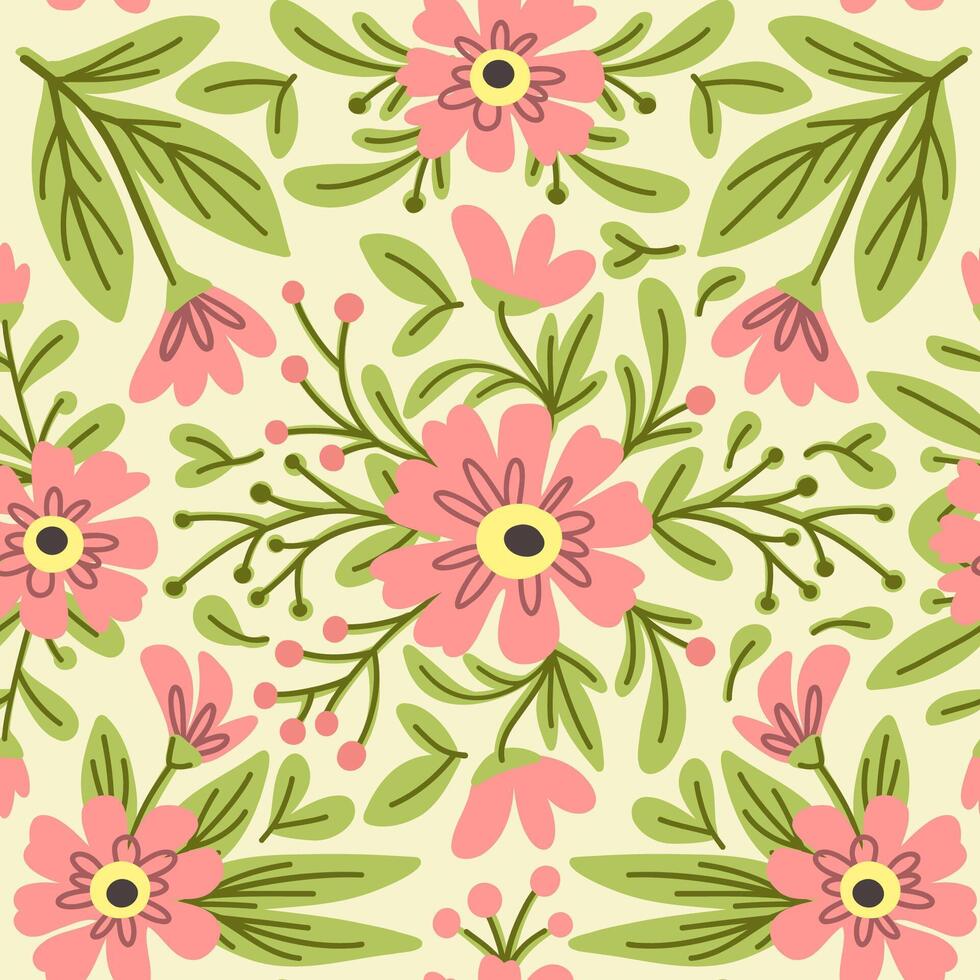 Seamless pattern with lush foliage and pink flowers, inscribed in a square, tile pattern vector