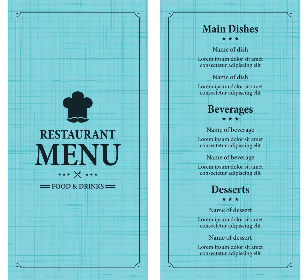 restaurante menú, comida y bebidas tarjeta menú en un retro diseño estilo vector
