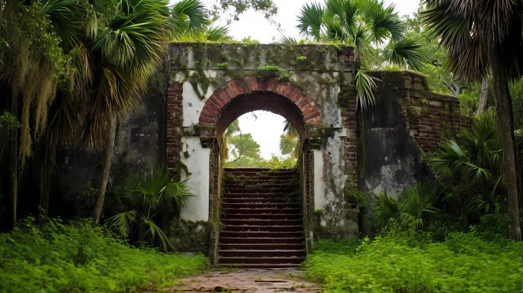 Fort tower entrance obscured by overgrowth photo