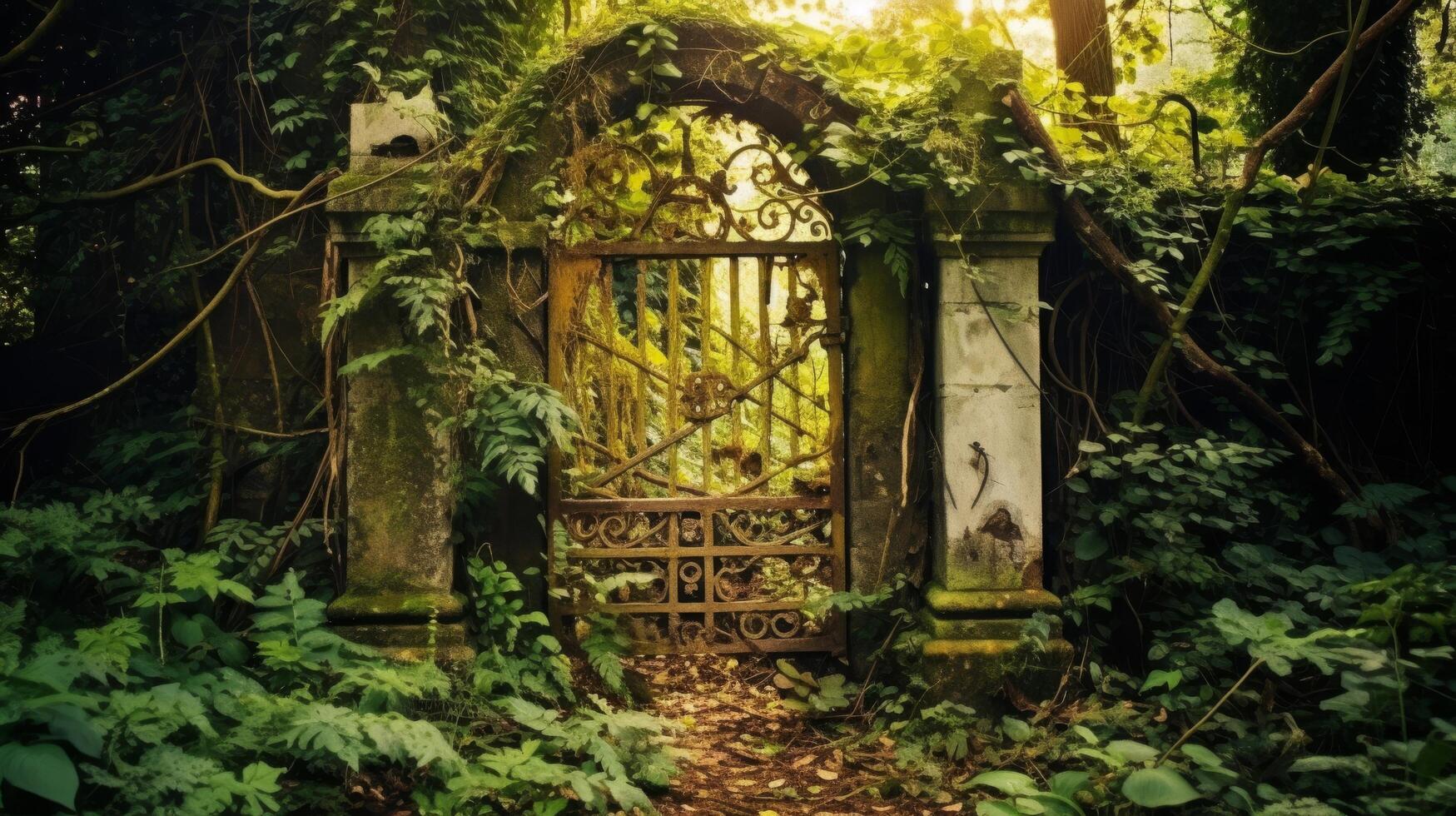 Vintage garden gate entwined with wild greenery photo