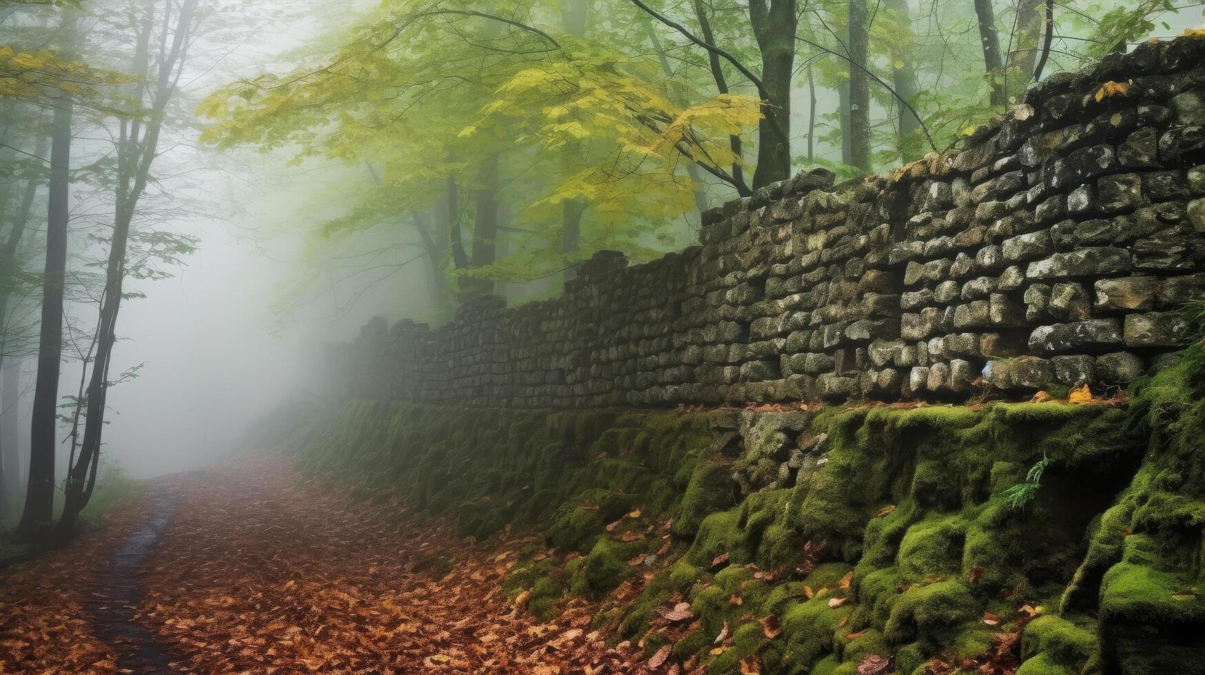 fortaleza paredes en niebla cubierto bosque foto
