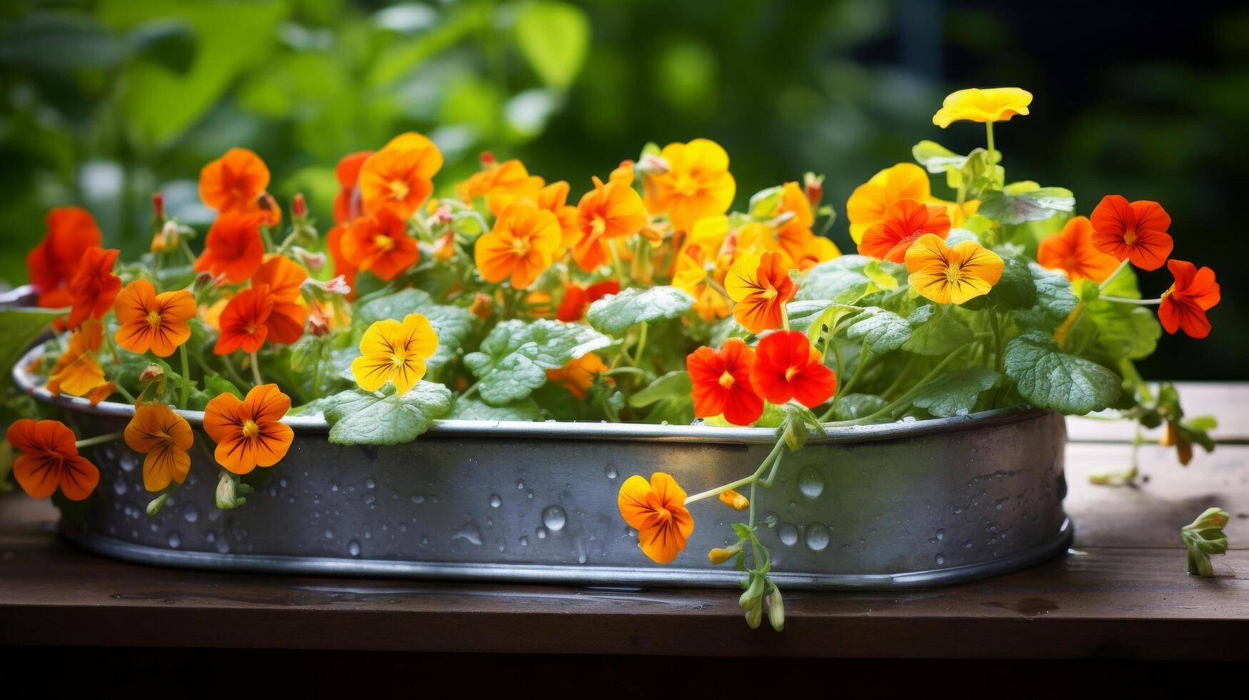 Metal trough brimming with rose petals photo