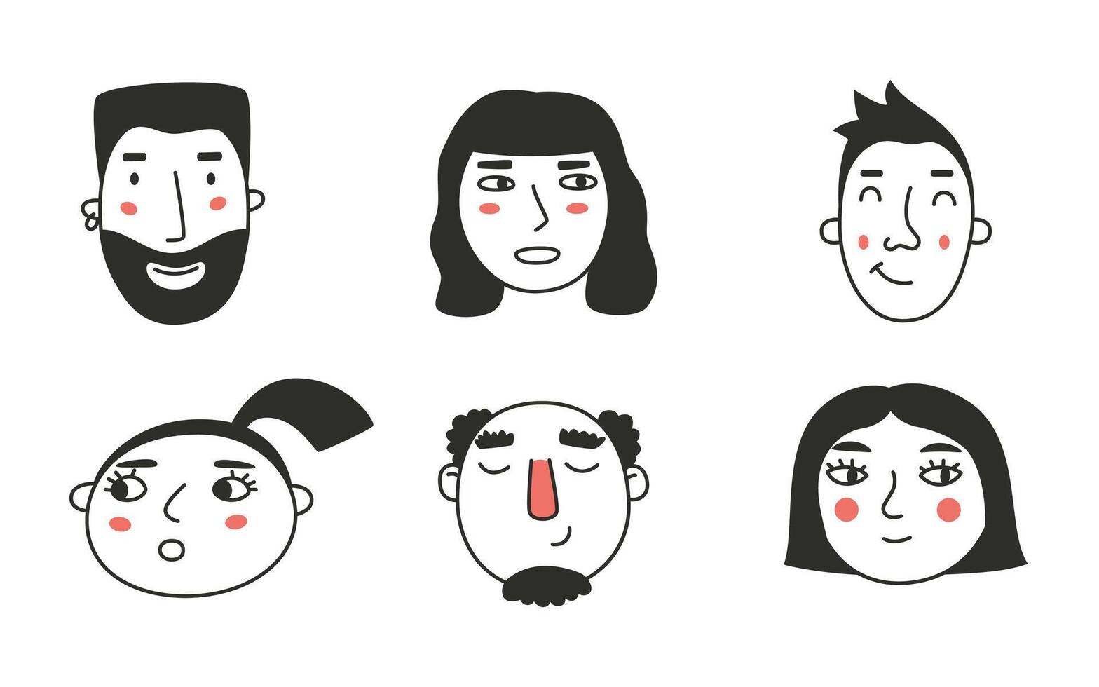 Set of different people's faces, human avatars collection. Different emotions, portrait with a positive facial expression. vector