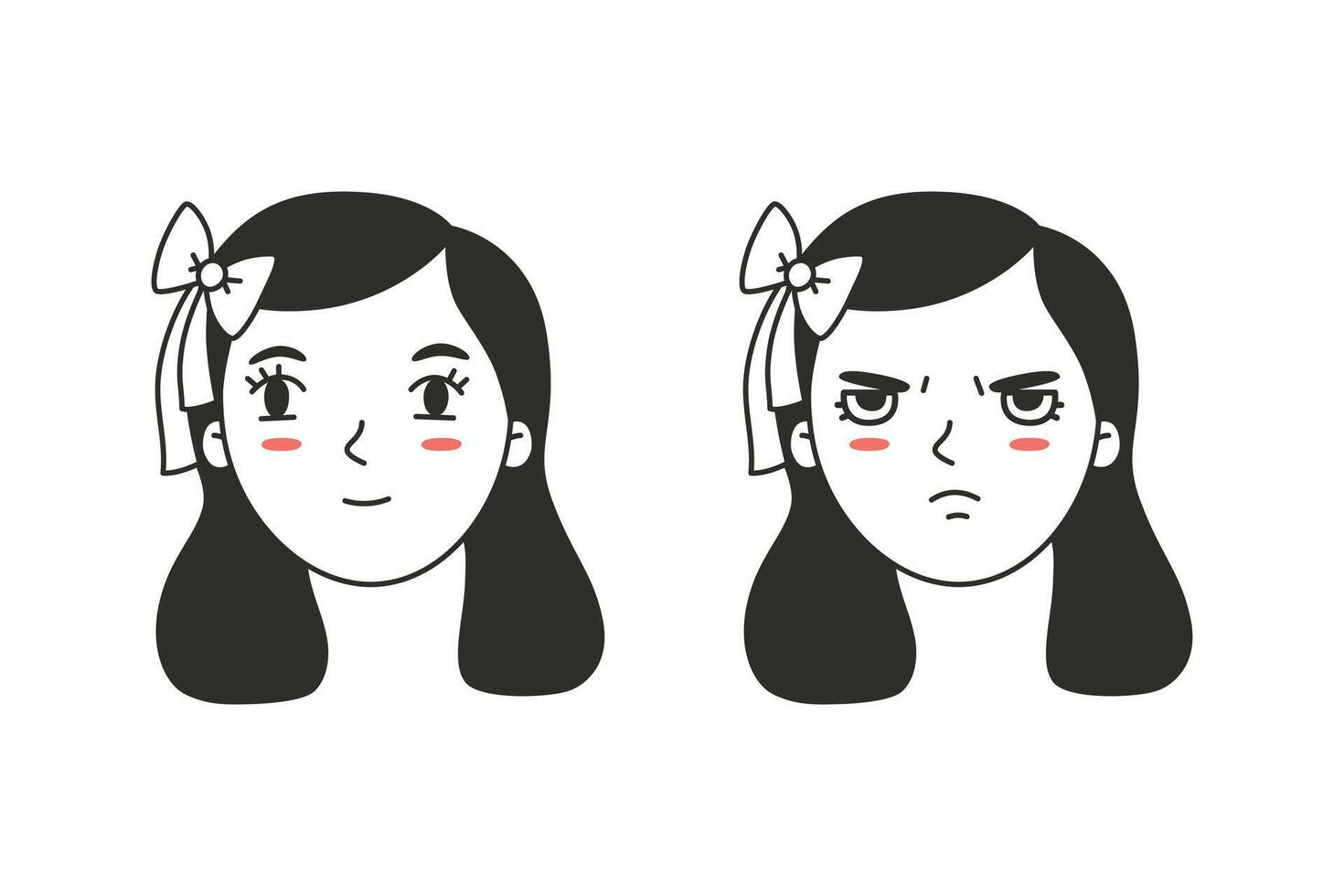 Girl face with different emotions in a doodle style. vector