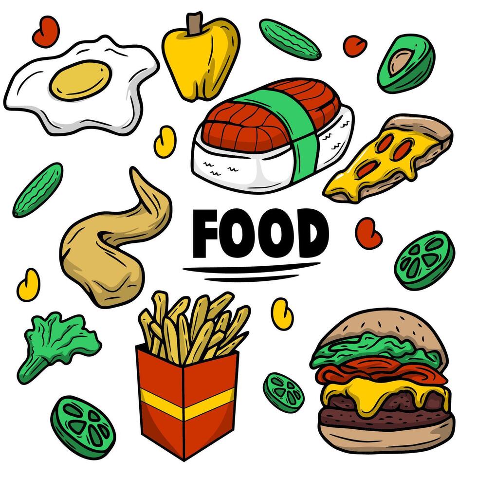 comida mano dibujado icono colocar. comida garabatear vector