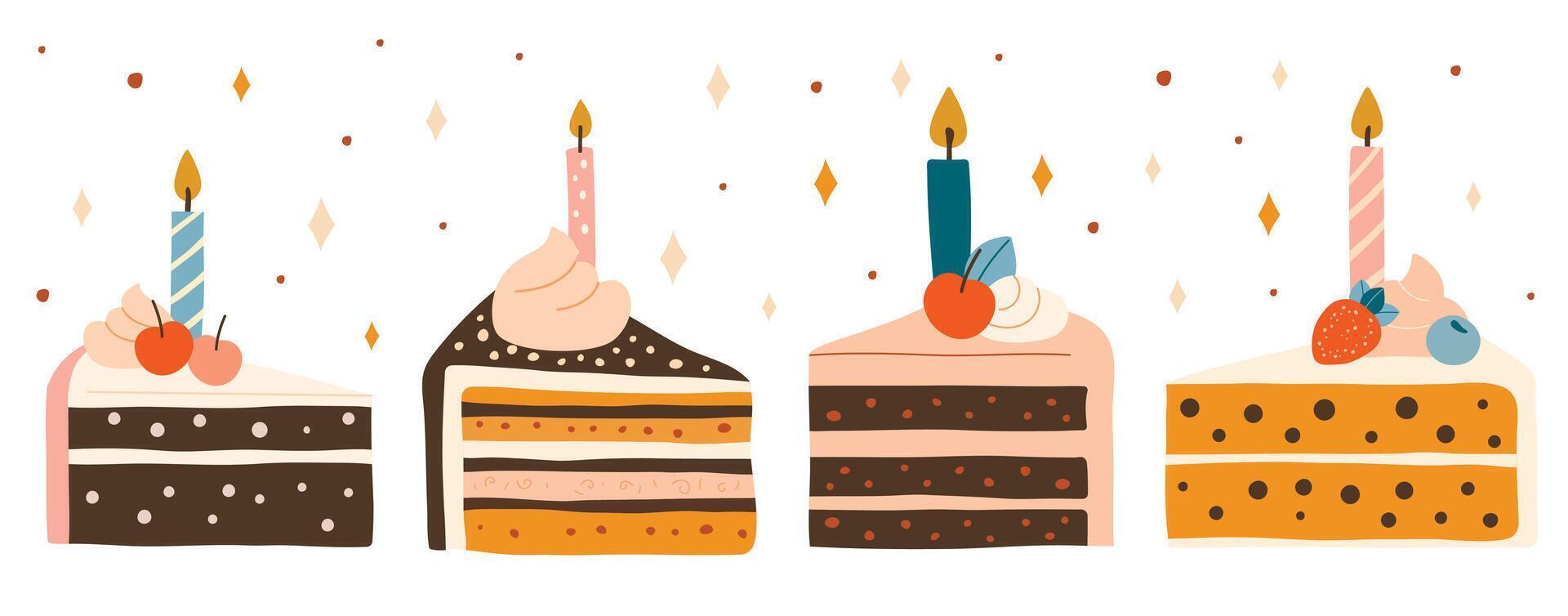 Birthday cake isolated on white background. Design for invitation or greeting card, poster. Flat hand drawn style vector