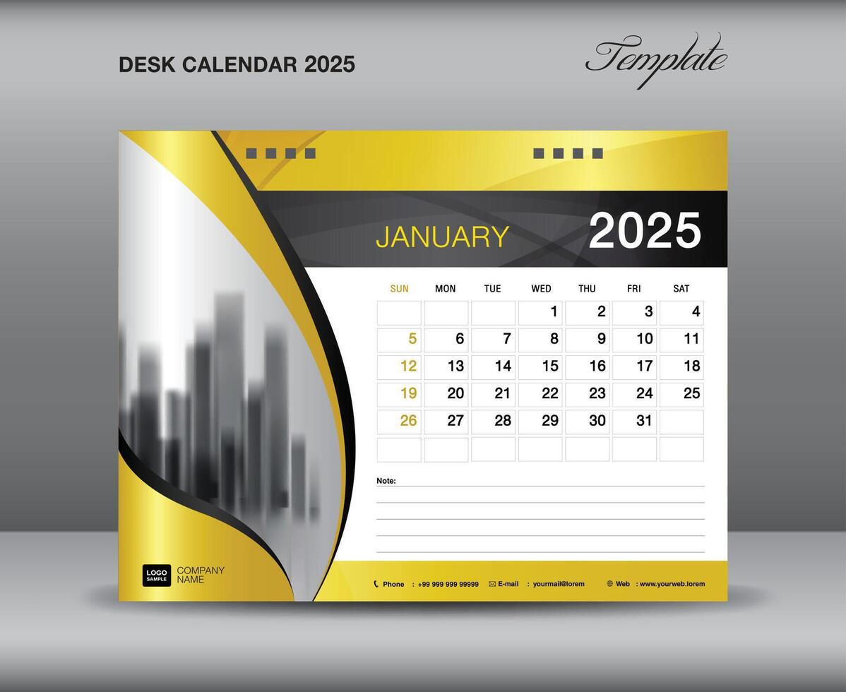 calendario 2025 modelo oro concepto, enero 2025 plantilla, escritorio calendario 2025 año en oro antecedentes lujoso concepto, pared calendario diseño, planificador, impresión medios de comunicación, volantes, vector