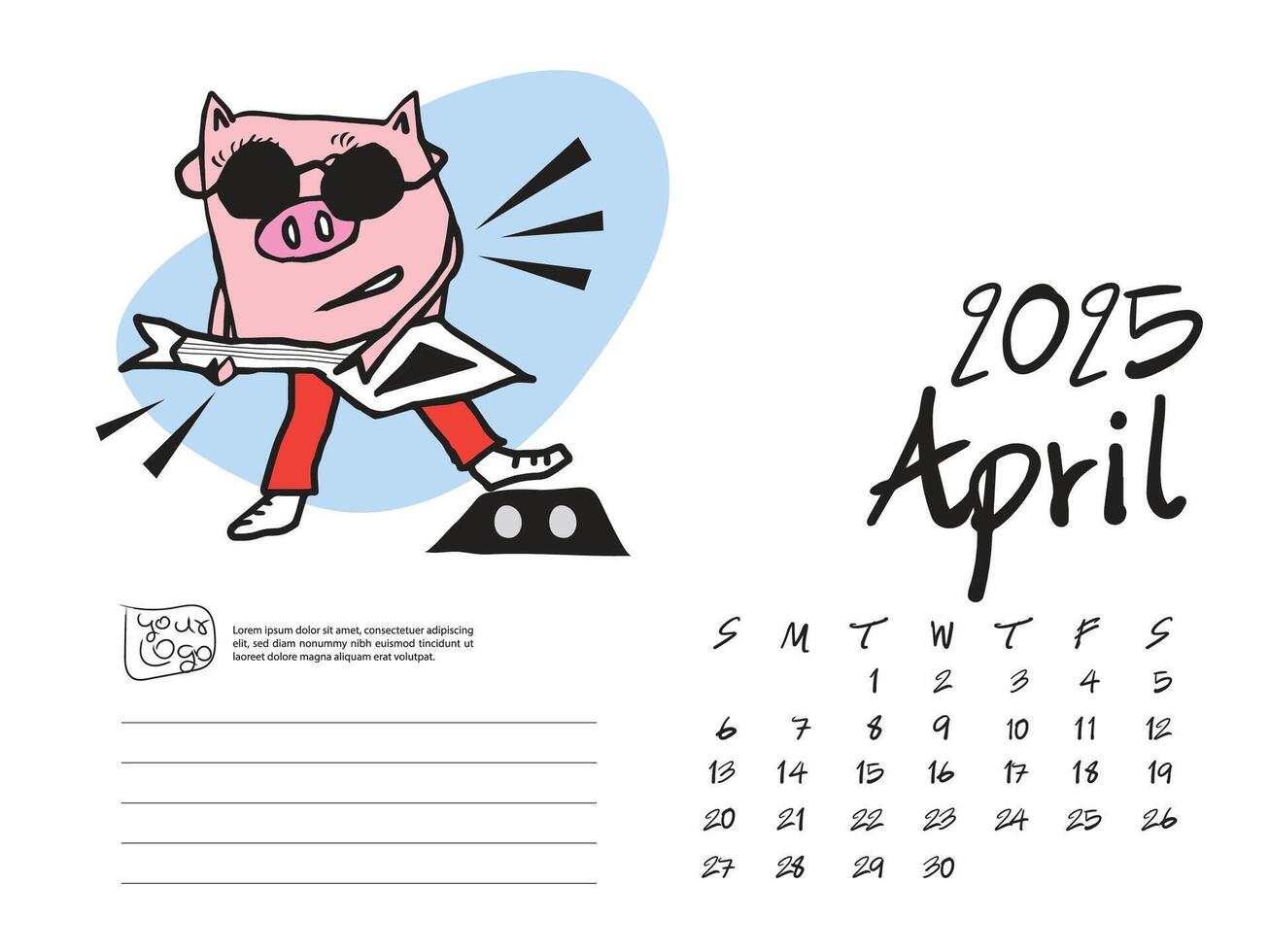 APRIL 2025 with pig cartoon vector